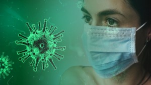 coronavirus and woman with surgical mask