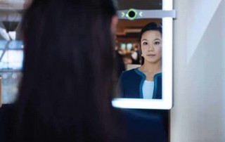 Women uses iris recognition at airport